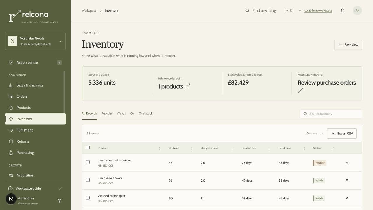 The Commerce Studio inventory prototype, using fictional products and stock figures.